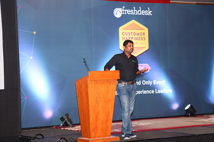 Girish Mathrubootham, Founder & CEO, Freshdesk, addressing the gathering at the Customer Happiness Tour, Gurgaon, India.